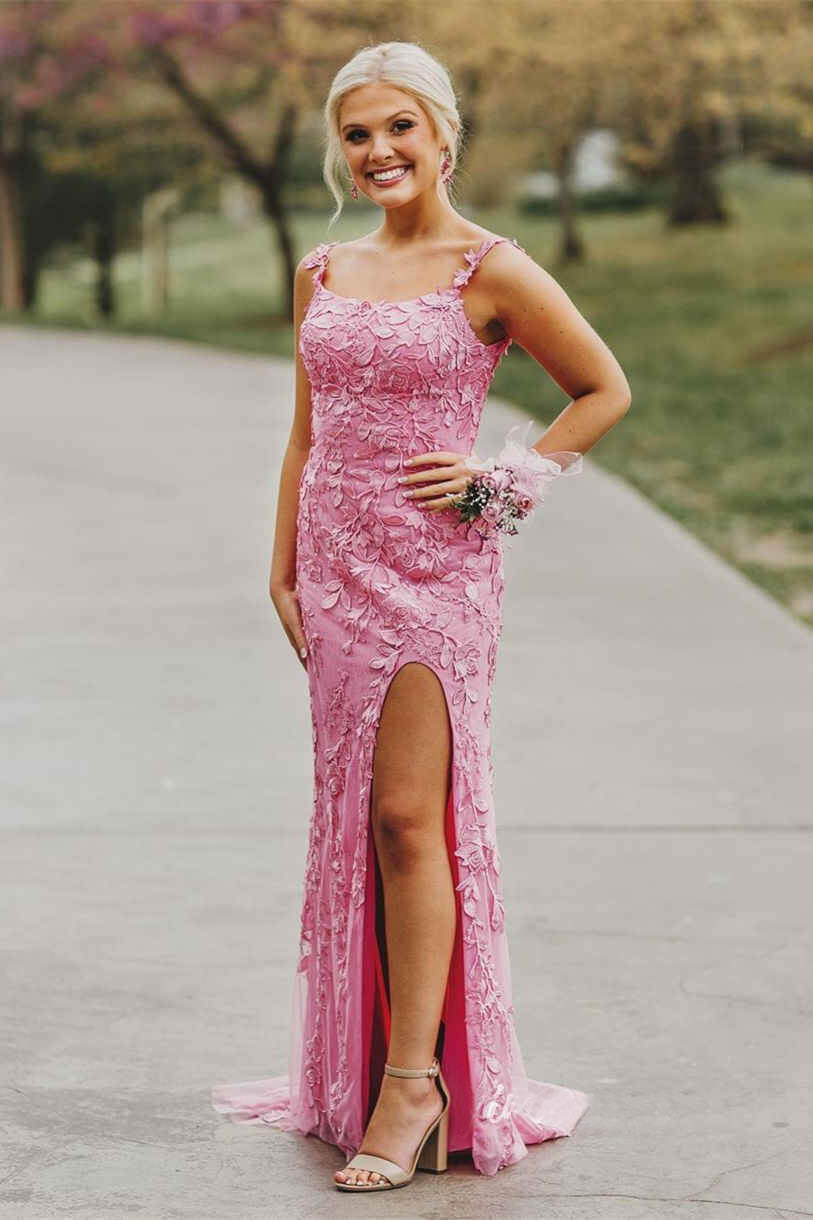 Vestido de fiesta con apliques de encaje rosa y abertura, vestido formal de sirena con tirantes finos