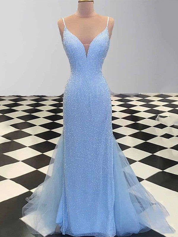 Vestidos de fiesta con lentejuelas azul claro y tirantes finos