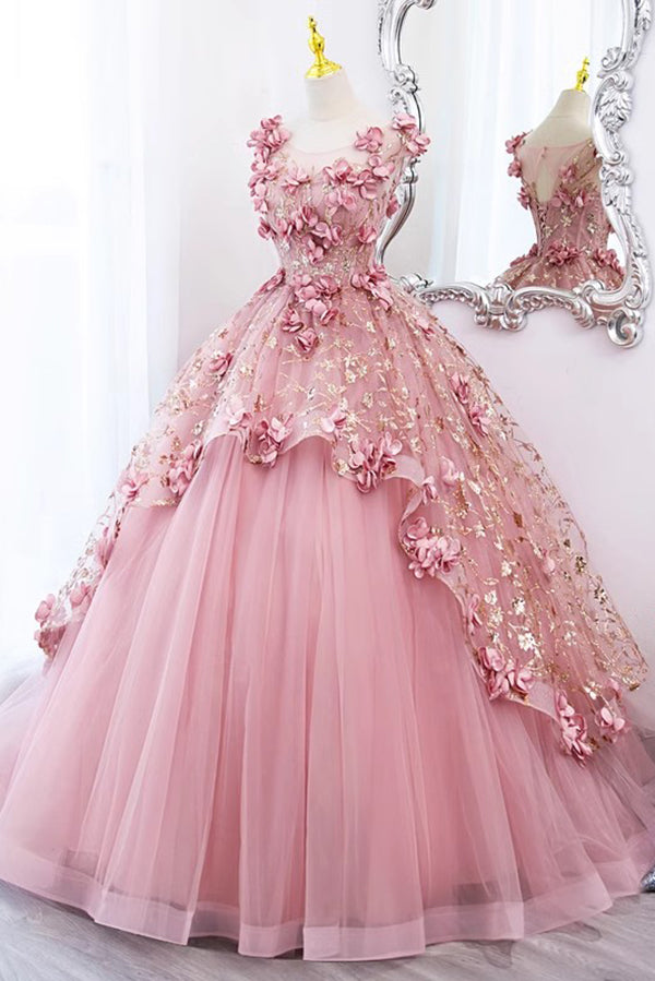 Princess Pink Tulle Long Prom Dresses, Ball Gown Flowers Quinceanera Dress GP539