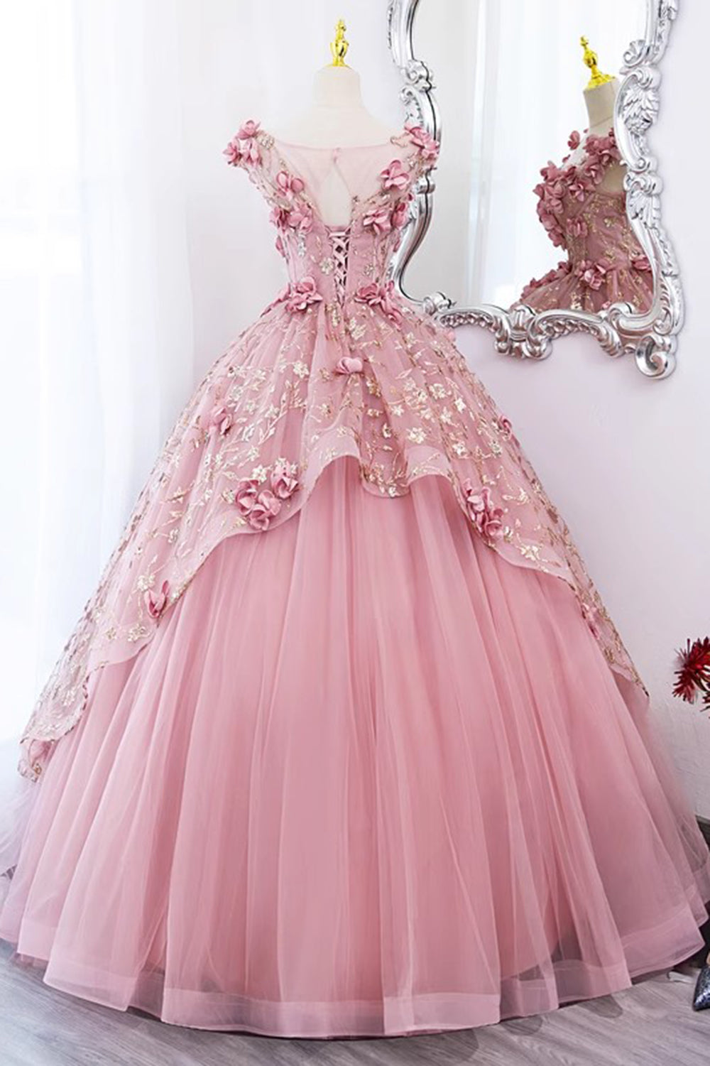 Princess Pink Tulle Long Prom Dresses, Ball Gown Flowers Quinceanera Dress GP539
