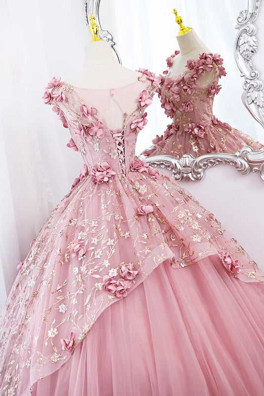 Princess Pink Tulle Long Prom Dresses, Ball Gown Flowers Quinceanera Dress GP539