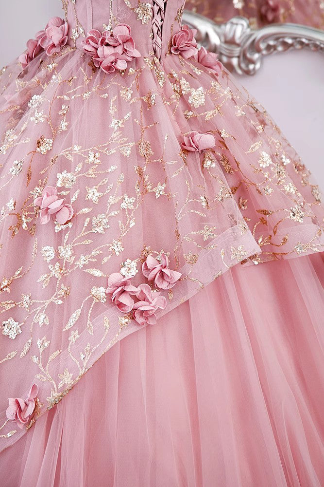 Princess Pink Tulle Long Prom Dresses, Ball Gown Flowers Quinceanera Dress GP539
