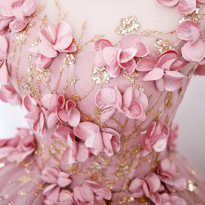 Princess Pink Tulle Long Prom Dresses, Ball Gown Flowers Quinceanera Dress GP539