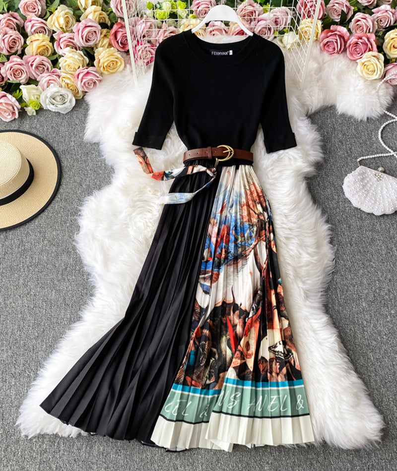 A line knitted patchwork dress printed dress 201
