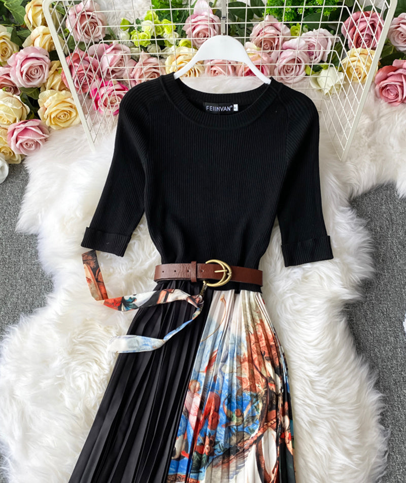 A line knitted patchwork dress printed dress 201