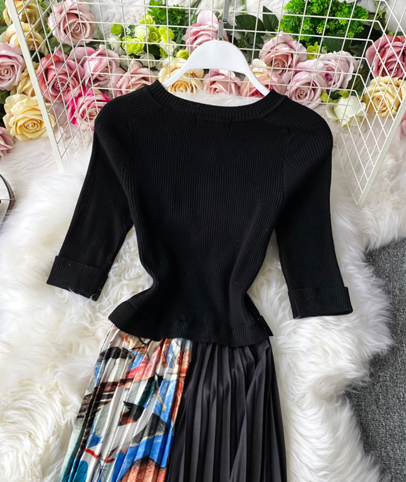 A line knitted patchwork dress printed dress 201