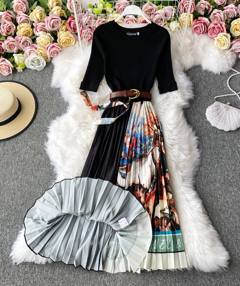 A line knitted patchwork dress printed dress 201