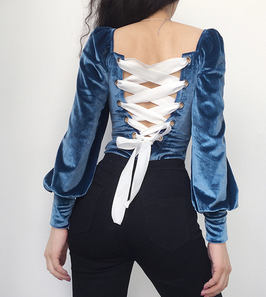 Romantic back tie one-piece top long sleeve velvet tops 387
