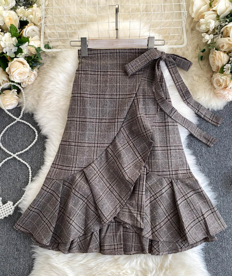 A line irregular plaid skirt 3474