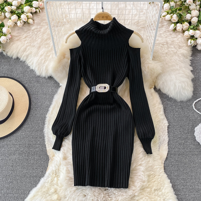 Fashion high neck off shoulder knitted dress 3383