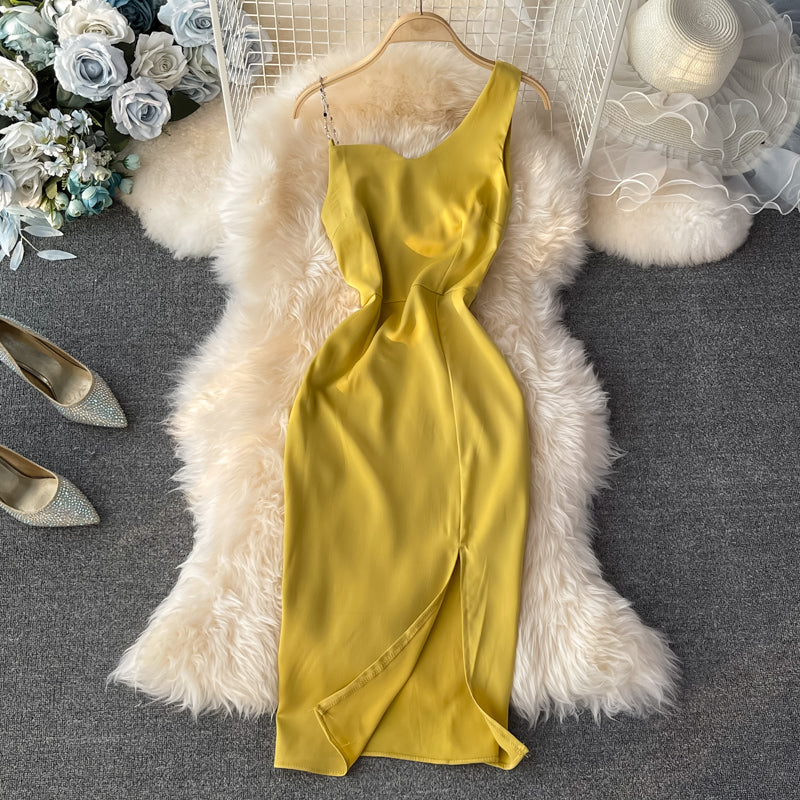 Sexy off shoulder low chest diagonal neck slim split hip dress 3054