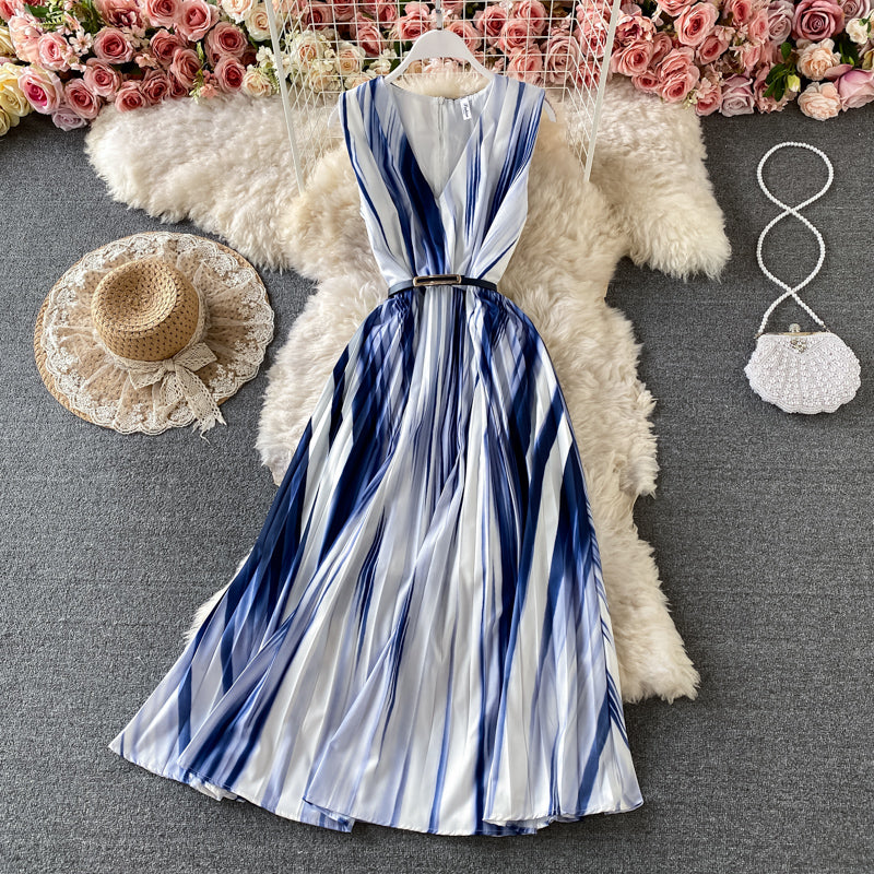 Gradient V-neck sleeveless dress temperament long skirt 3182