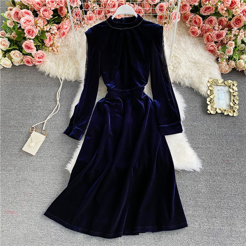 Stand neck off shoulder velvet A-line dress 3034