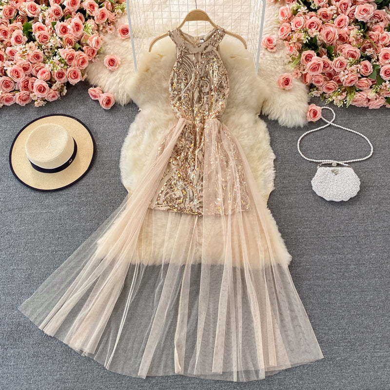 Sexy mesh patchwork neck off shoulder Sequin dress 2908