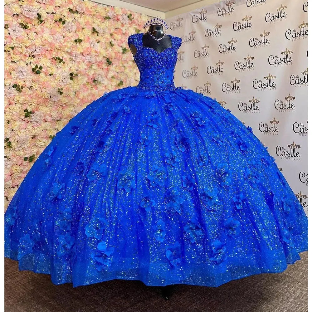 Royal Blue Quinceanera Dresses with 3D Floral Applique Off Shoulder Lace-up Corset Back prom Sweet 16 Dress fg4292
