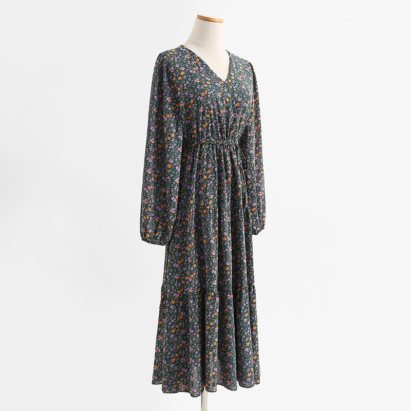 Green small broken Flower Chiffon V-neck bubble sleeve long skirt for women 2274