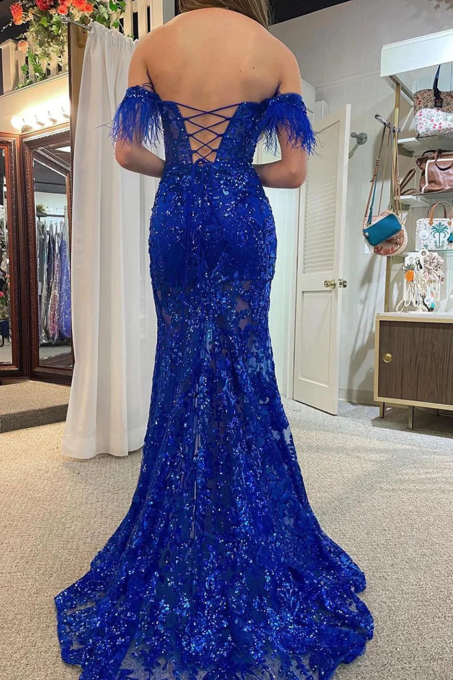 Off The Shoulder Lace Appliques Long Prom Dress with Feathers fg4196
