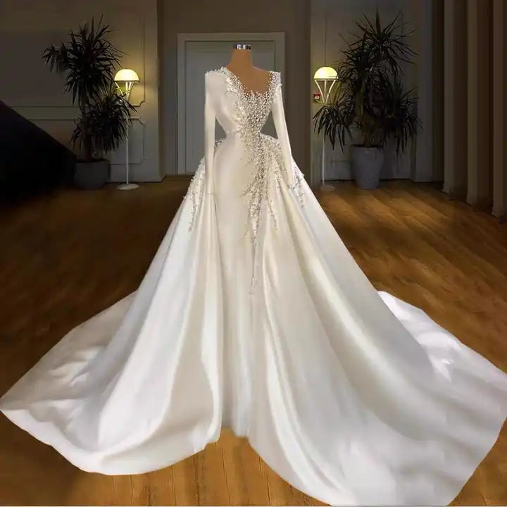 Long Sleeve mermaid Bridal gown with detachable Train Prom Dresses cg23399