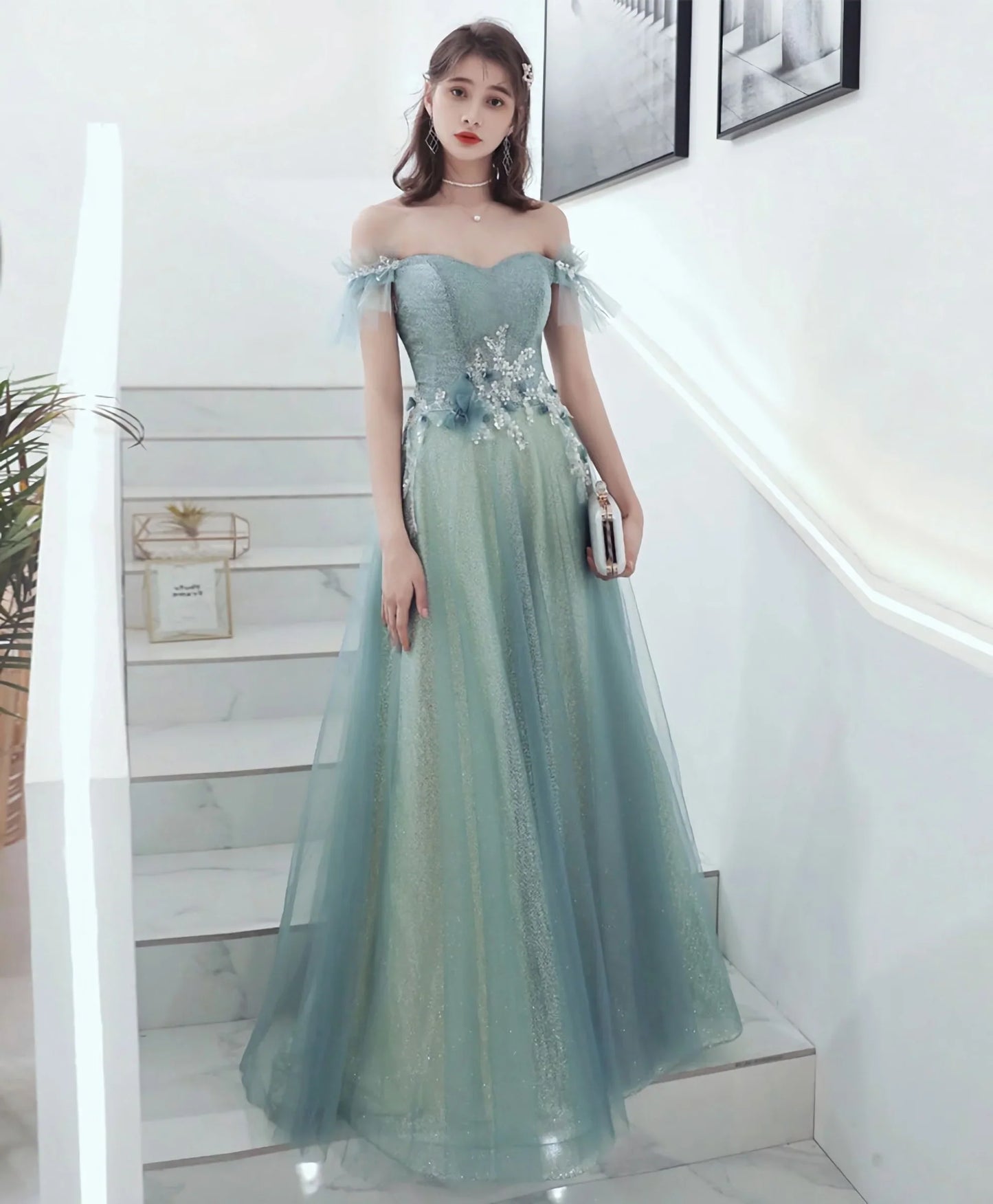 Green Tulle Lace Long Prom Dress, Green Tulle Formal Dress fg4189