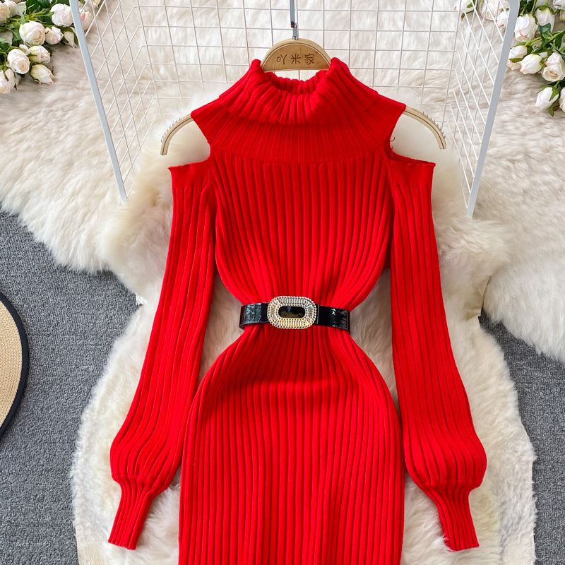 Fashion high neck off shoulder knitted dress 3383