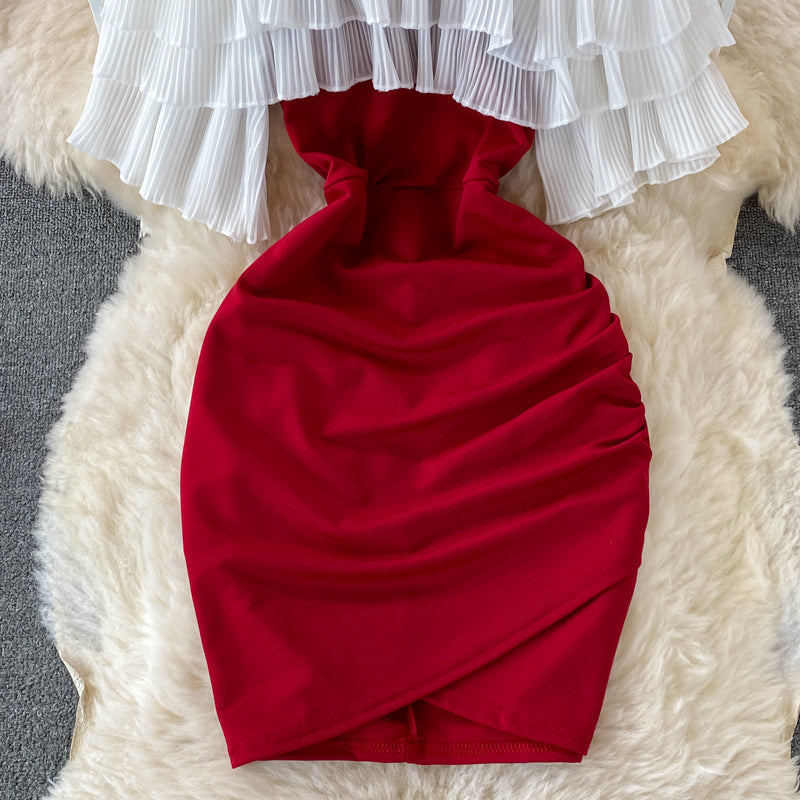 Straight neck off shoulder temperament Hepburn wrap hip short skirt 3209