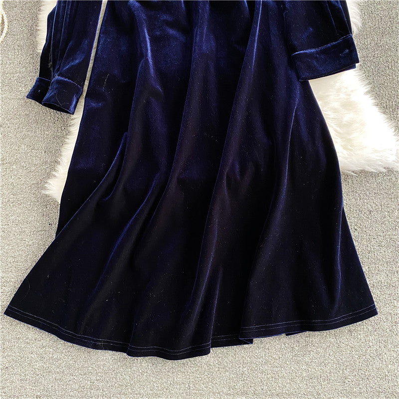 Stand neck off shoulder velvet A-line dress 3034