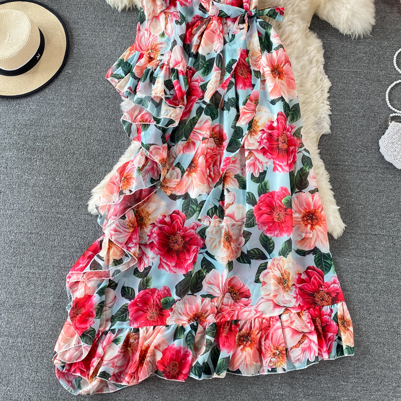 Slant neck one side off shoulder lace up Printed Dress 3195