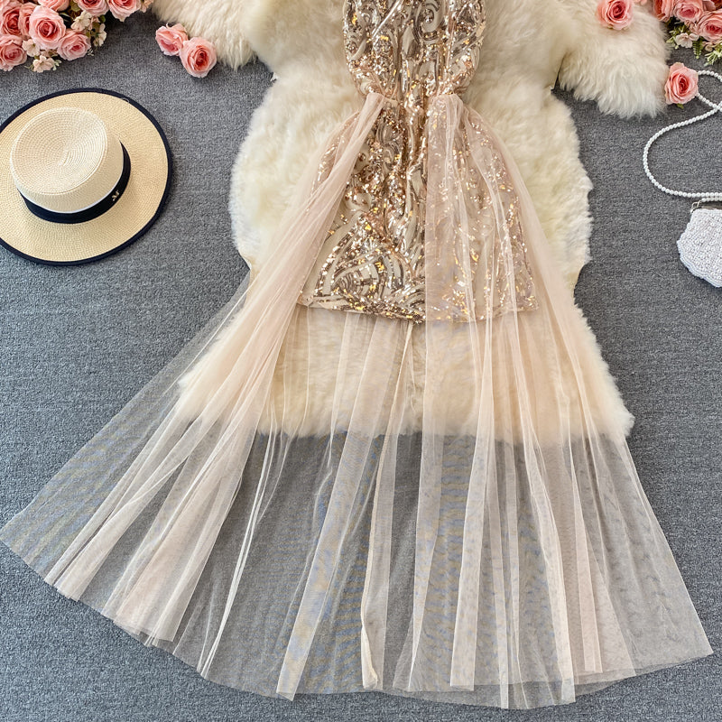 Sexy mesh patchwork neck off shoulder Sequin dress 2908
