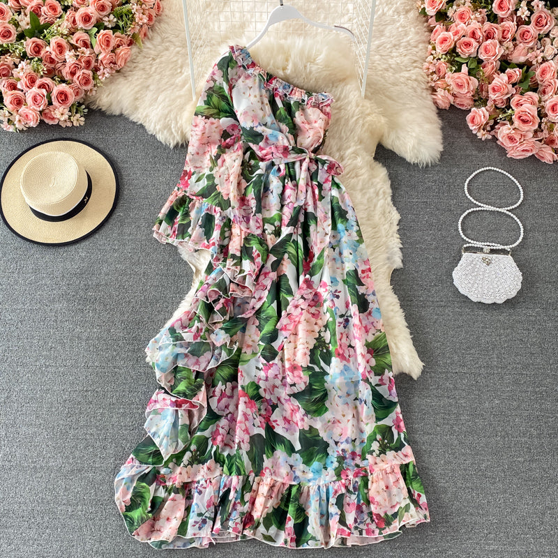 Slant neck one side off shoulder lace up Printed Dress 3195