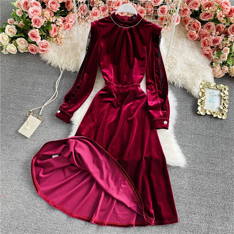 Stand neck off shoulder velvet A-line dress 3034