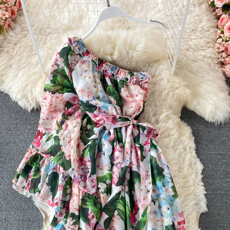 Slant neck one side off shoulder lace up Printed Dress 3195