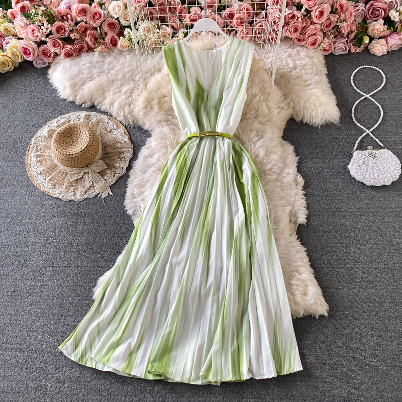 Gradient V-neck sleeveless dress temperament long skirt 3182