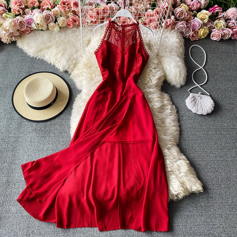 Sexy round neck hanging neck off shoulder slim Chiffon split skirt 3147