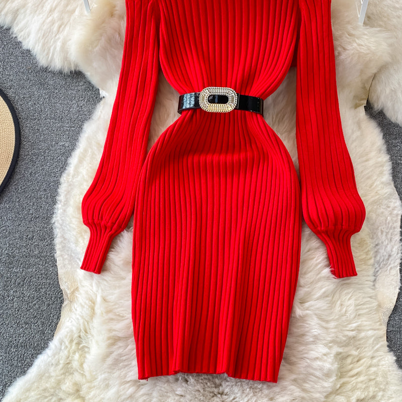 Fashion high neck off shoulder knitted dress 3383
