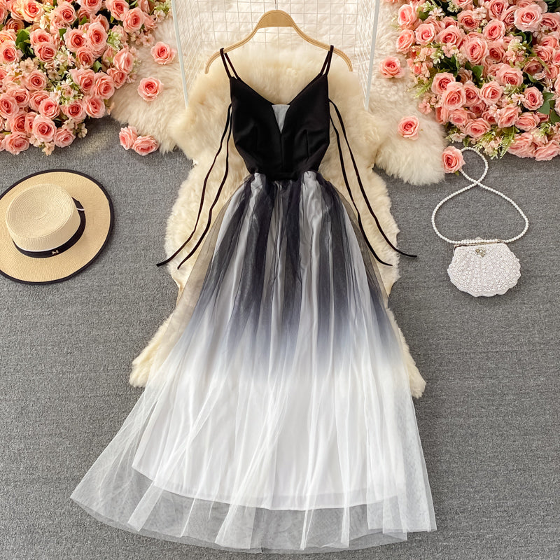 V-neck off shoulder mesh dress large swing skirt 2906