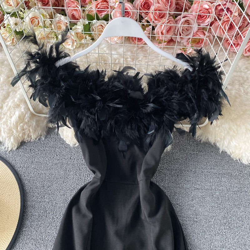 Hairy stitched herringbone neck exposed shoulder bag hip fishtail skirt 3433