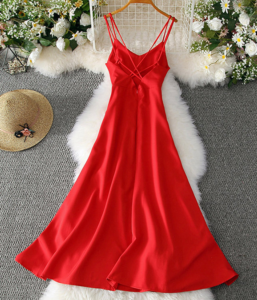 A line v neck backless dress women's dress 1226