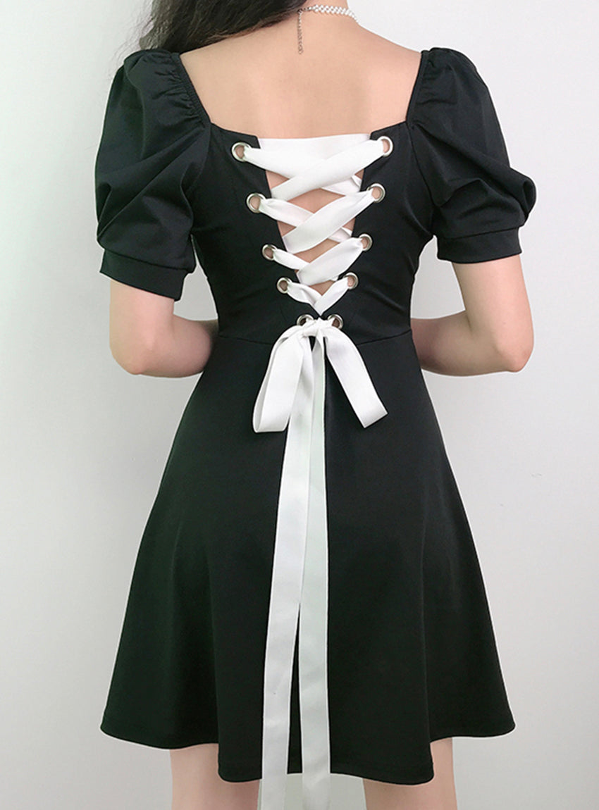 A line puff sleeve little dress black dress 1184