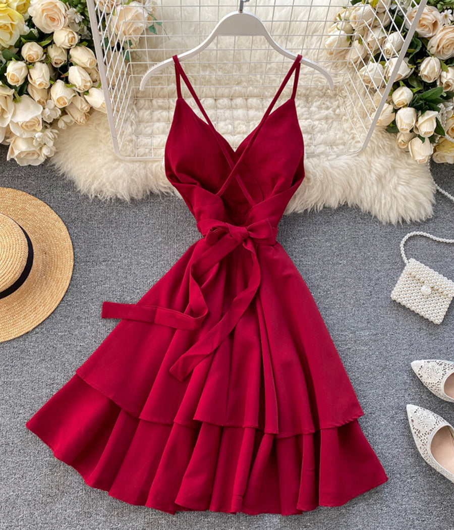 A line v neck short dress summer dress 1196