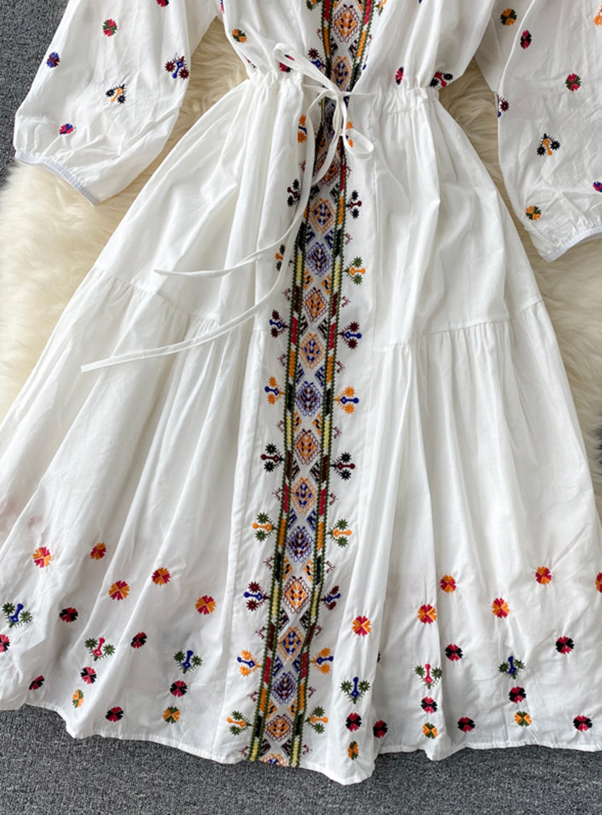 A line v neck embroidery long sleeve dress 1179