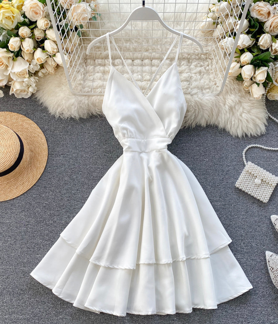 A line v neck short dress summer dress 1196