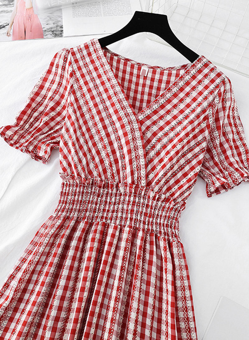A line v neck plaid dress women's dress 1138