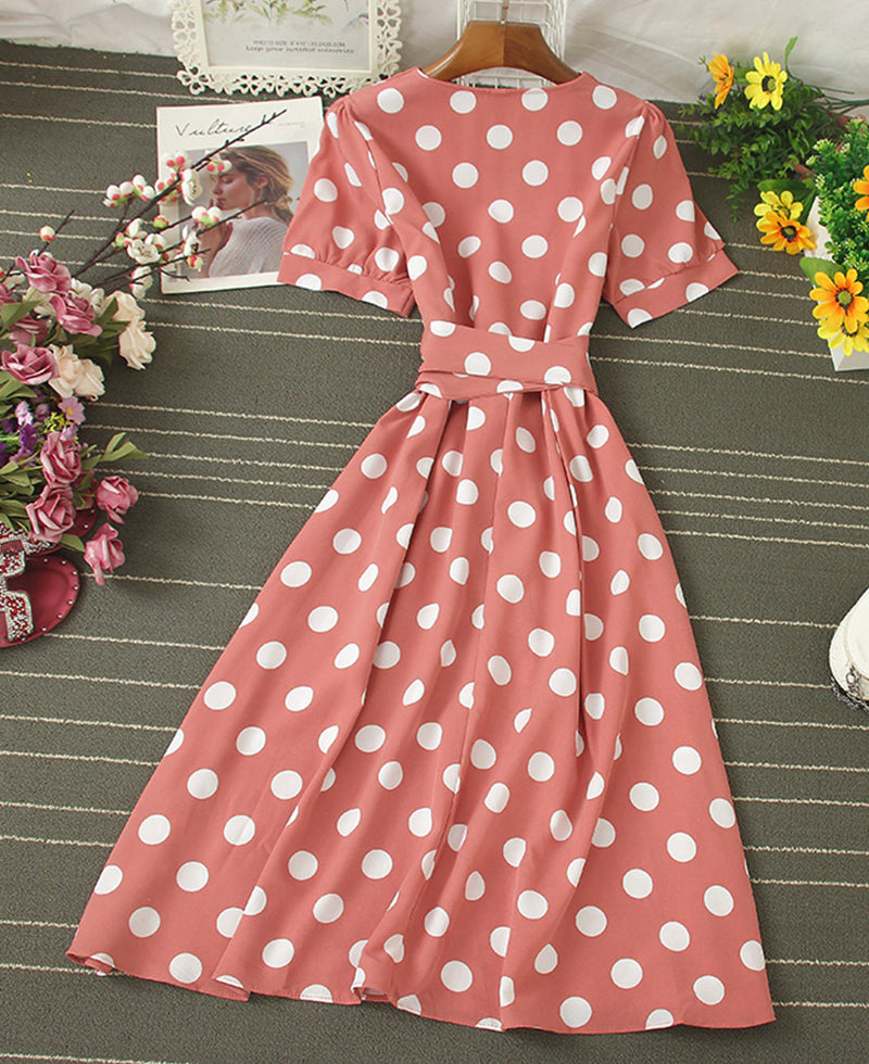 A line v neck polka dot dress fashion dress 1073
