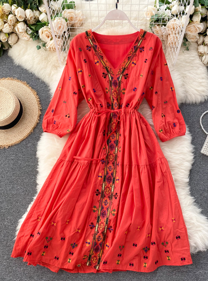 A line v neck embroidery long sleeve dress 1179