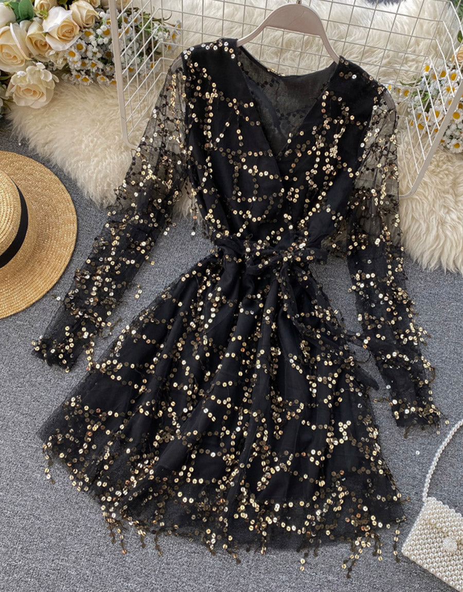 A line v neck tulle sequins dress long sleeve dress 1119
