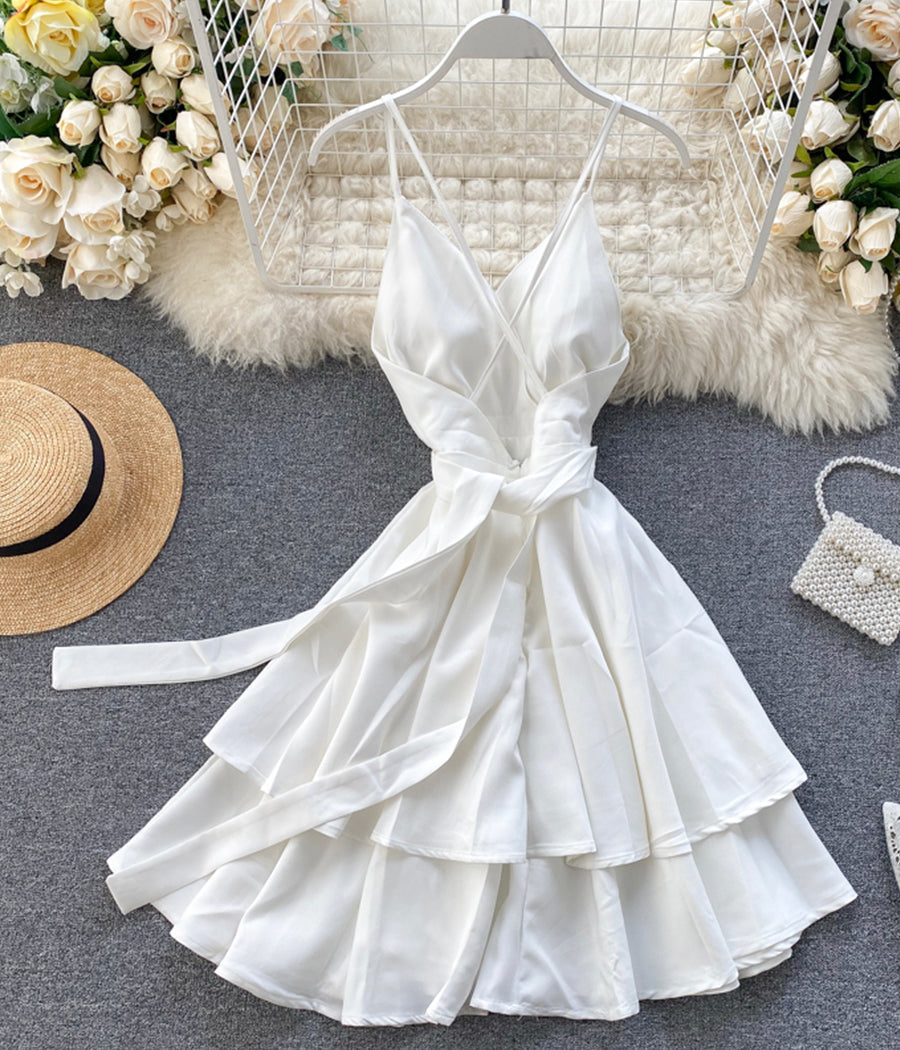 A line v neck short dress summer dress 1196