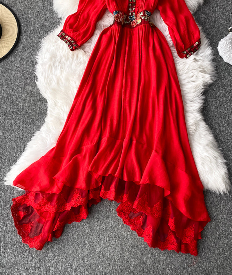 A line v neck lace long sleeve dress 995