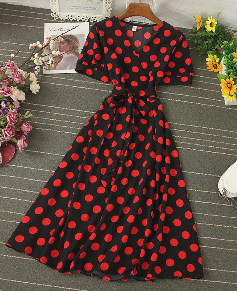 A line v neck polka dot dress fashion dress 1073