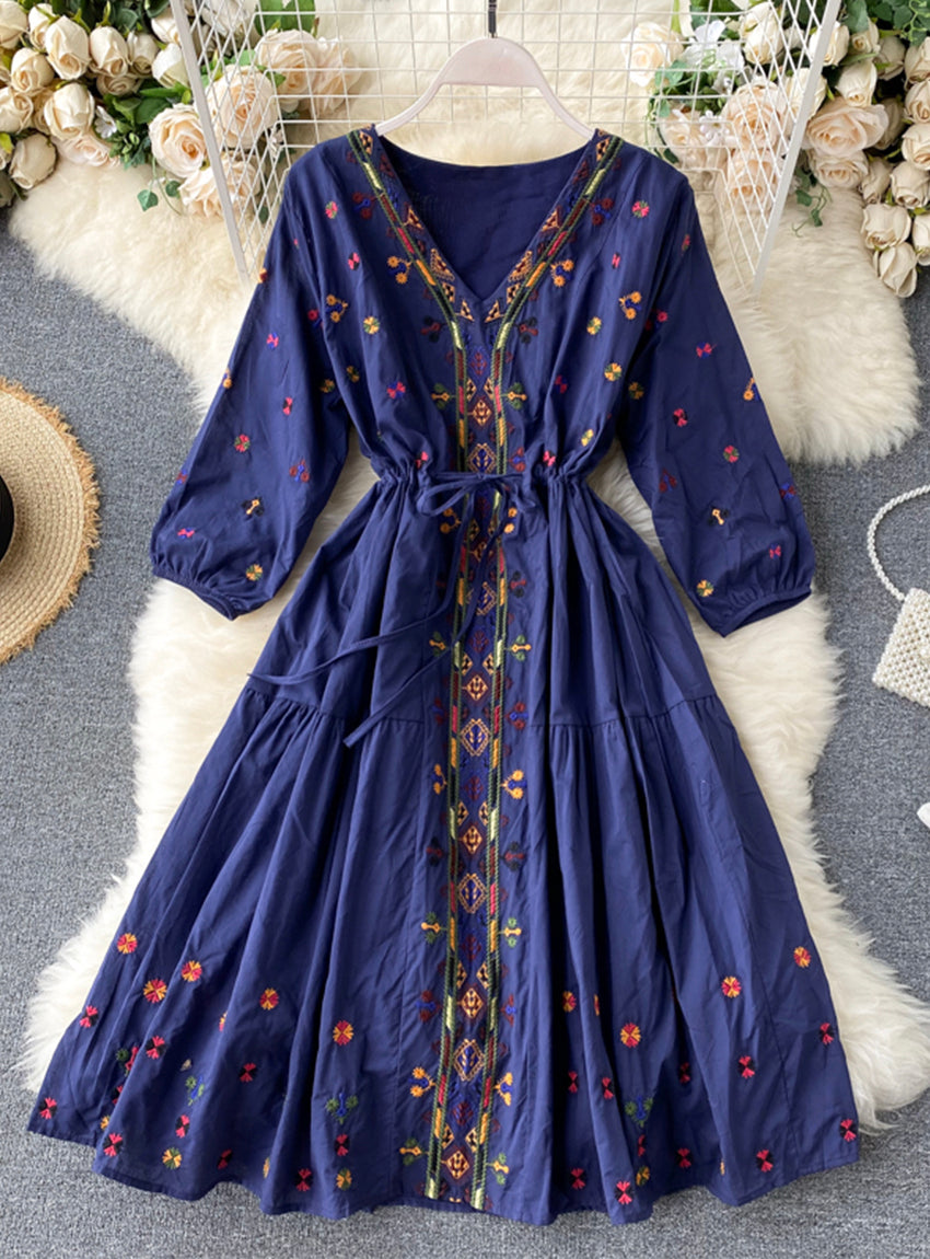 A line v neck embroidery long sleeve dress 1179