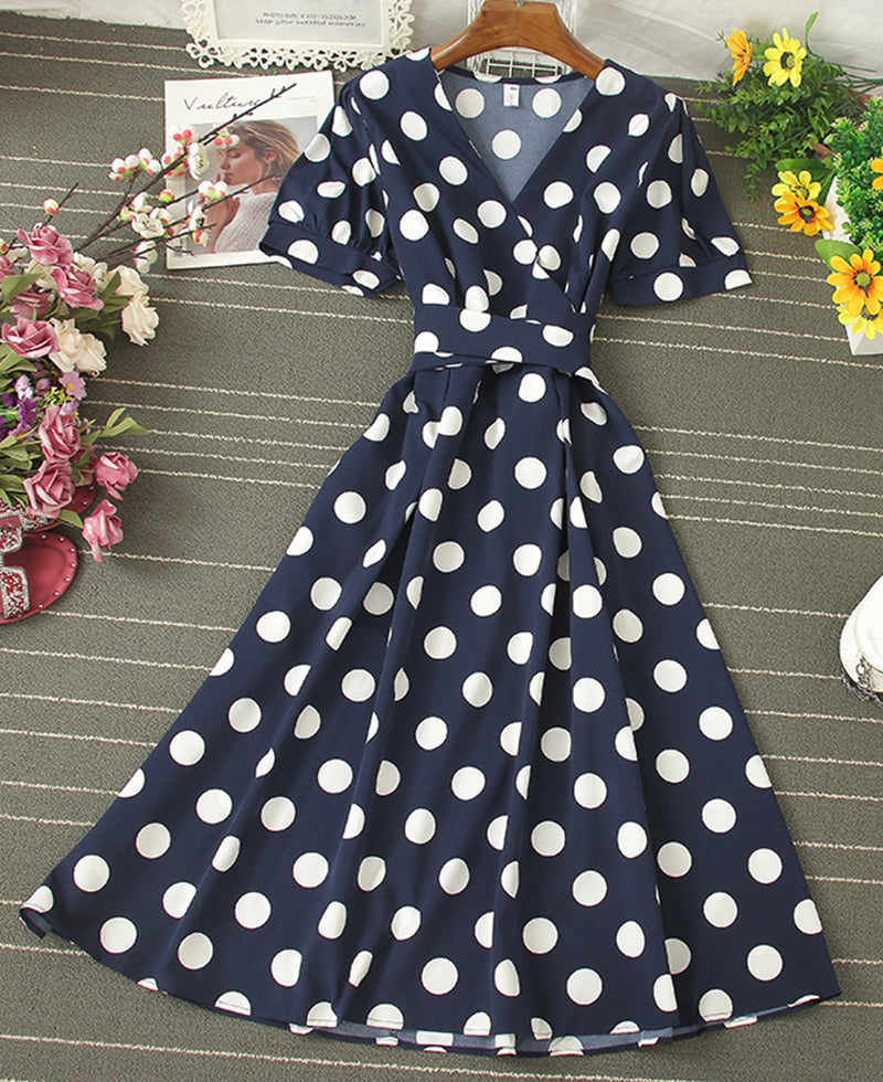 A line v neck polka dot dress fashion dress 1073